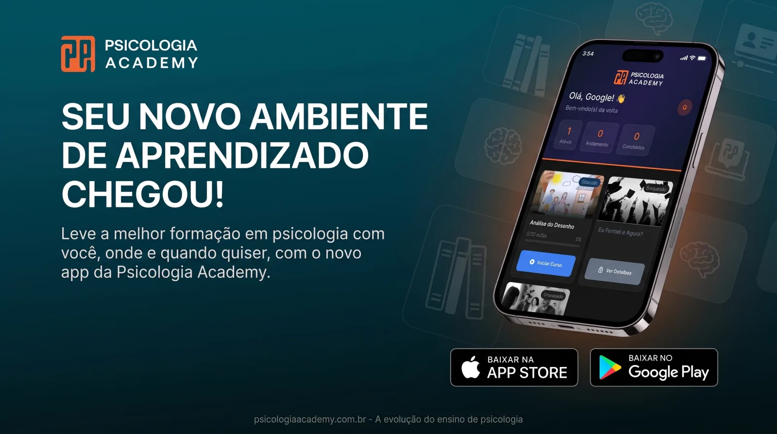 Baixe o app Psicologia Academy, disponível para iPhone e Android